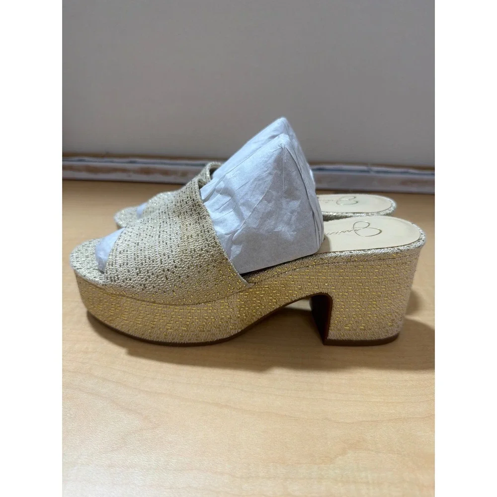 Jessica Simpson Gold Metallic Woven Platform Slide Sandals Block Heel Mules